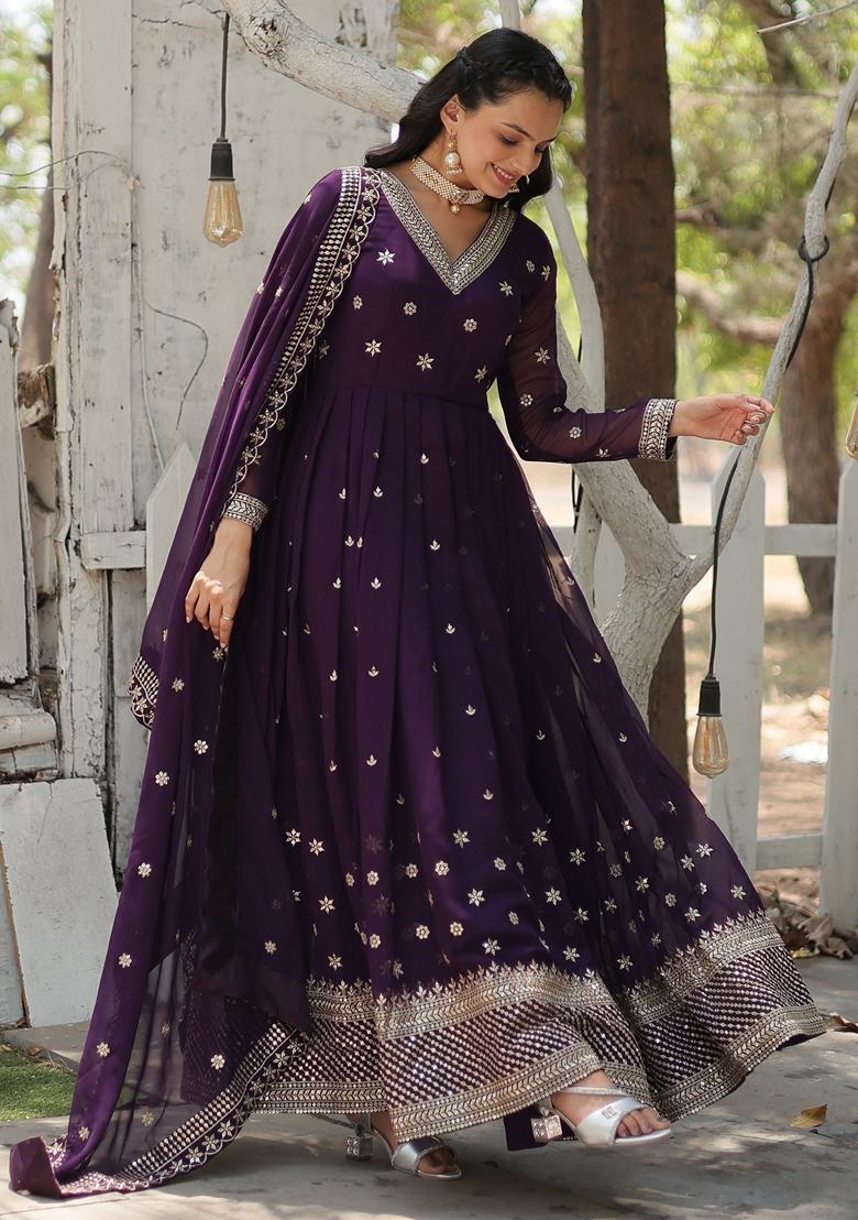 Purple Embroidered Georgette Anarkali Set