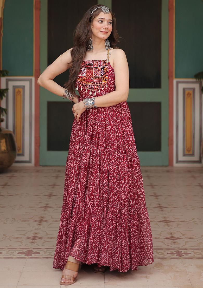 Maroon Bandhani Print Georgette Anarkali Set