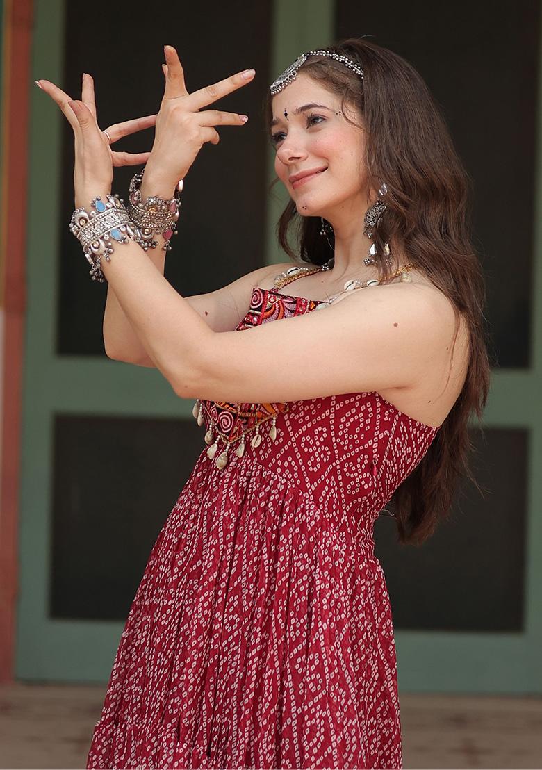 Maroon Bandhani Print Georgette Anarkali Set