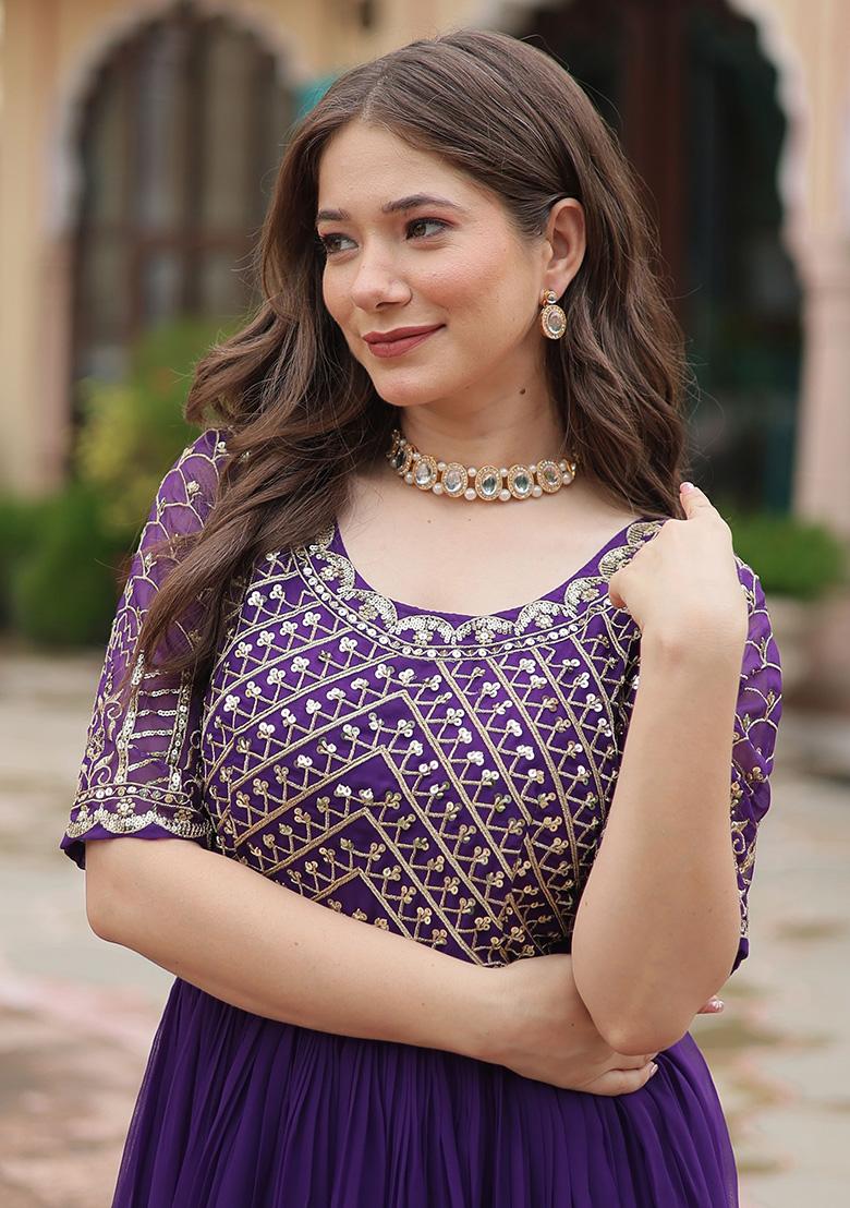 Purple Embroidered Georgette Anarkali Set