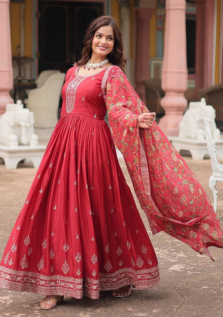 Maroon Sequin Embroidered Chinon Anarkali Set