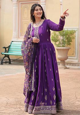 Purple Sequin Embroidered Chinon Anarkali Set