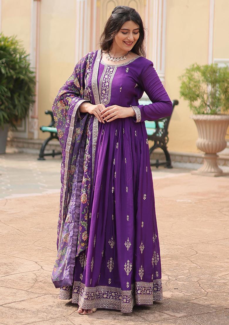 Purple Sequin Embroidered Chinon Anarkali Set