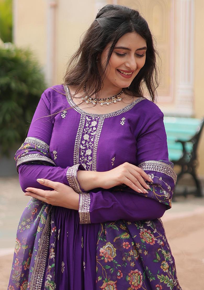 Purple Sequin Embroidered Chinon Anarkali Set