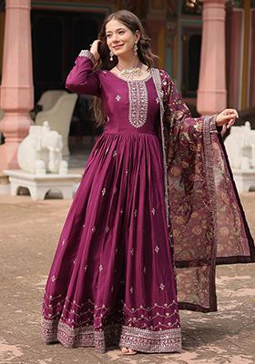 Purple Sequin Embroidered Chinon Anarkali Set