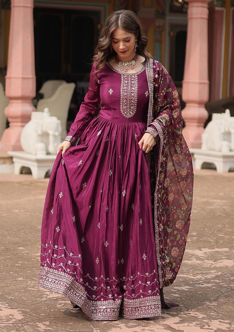 Purple Sequin Embroidered Chinon Anarkali Set