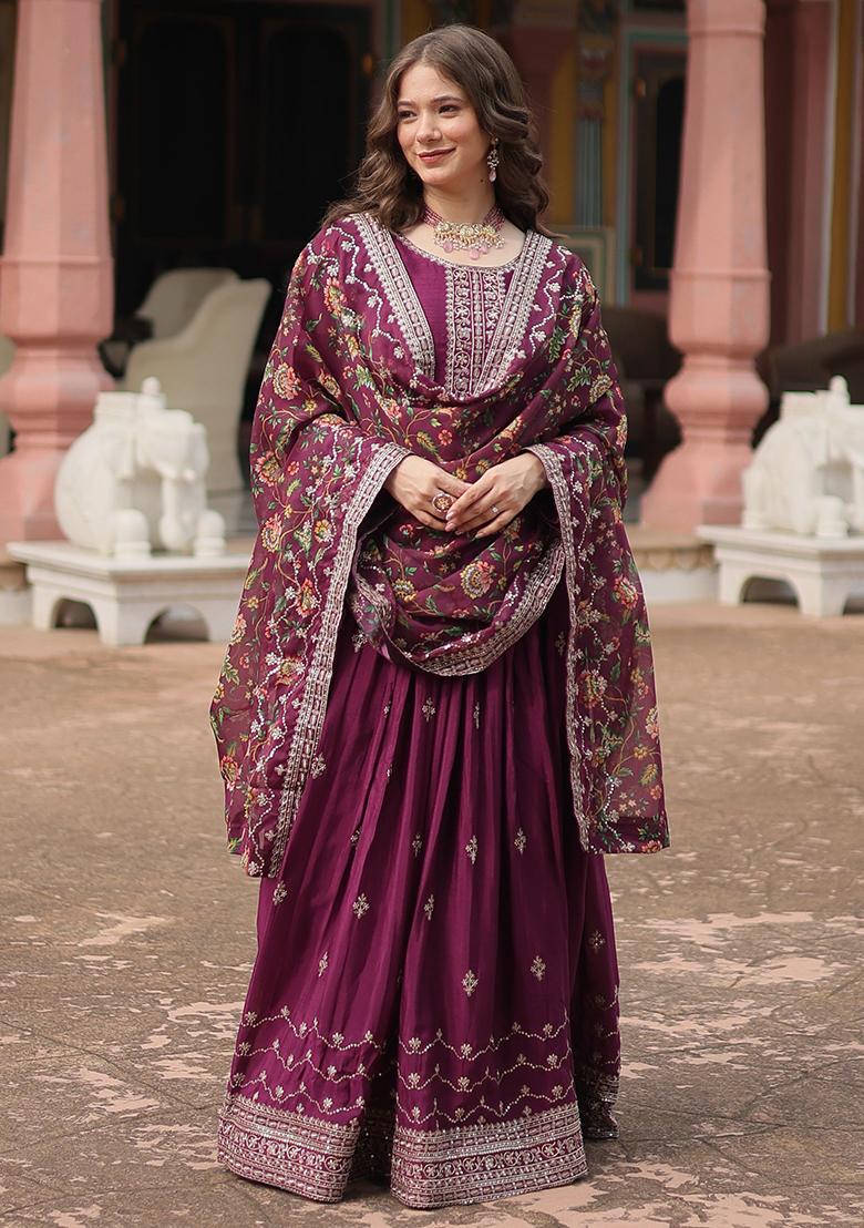 Purple Sequin Embroidered Chinon Anarkali Set