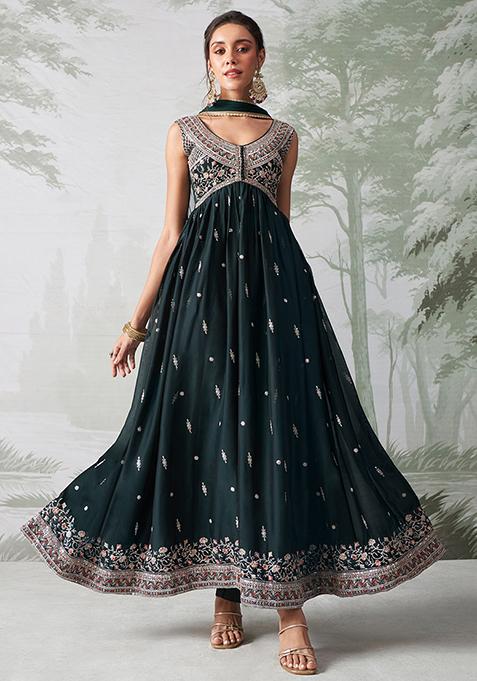Green Embroidered Organza Anarkali Set