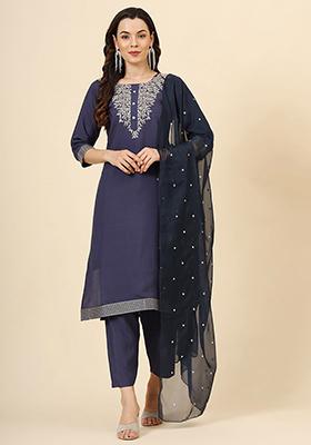 Navy Blue Embroidered Silk Kurta Set