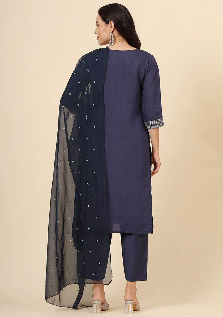 Navy Blue Embroidered Silk Kurta Set