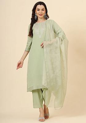 Green Embroidered Silk Kurta Set