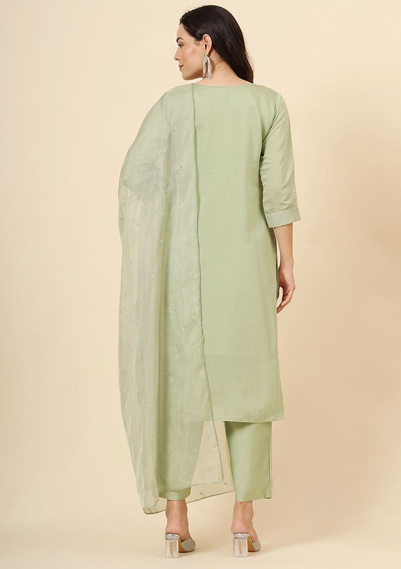 Green Embroidered Silk Kurta Set