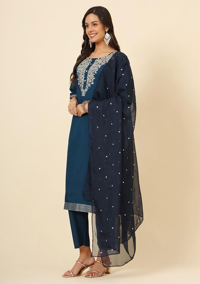 Blue Embroidered Silk Kurta Set