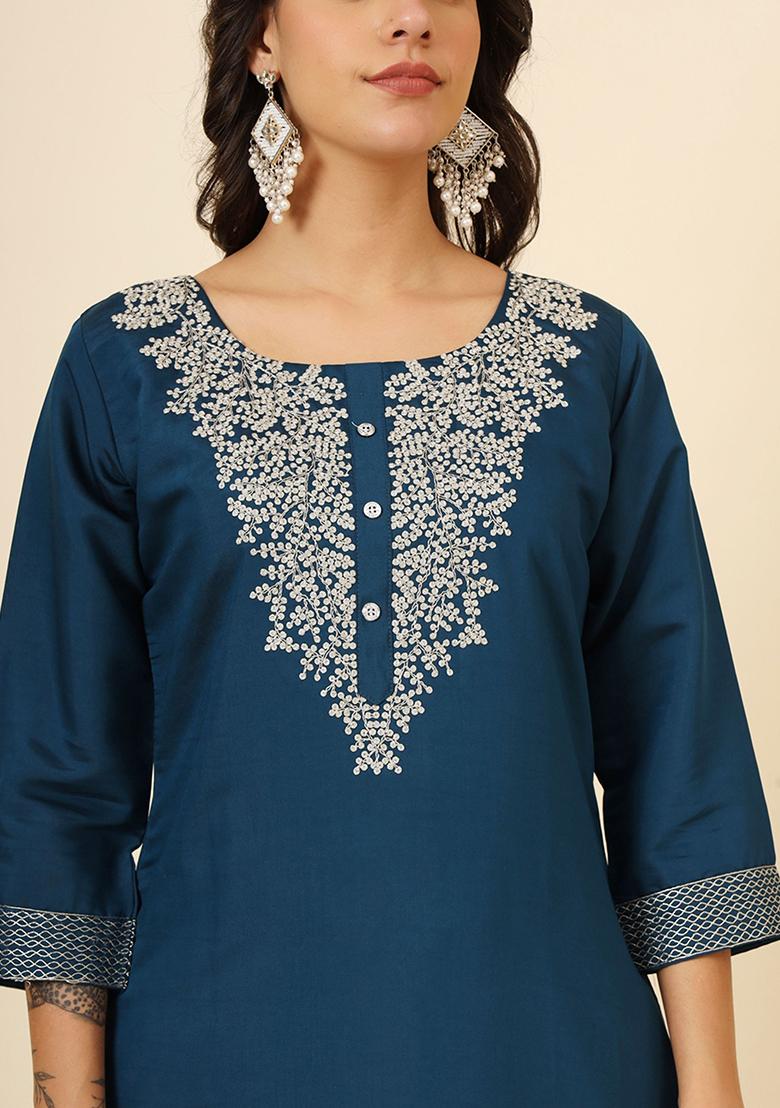 Blue Embroidered Silk Kurta Set