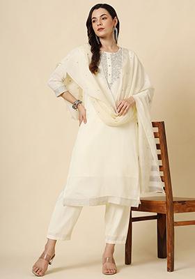 Cream Embroidered Silk Kurta Set