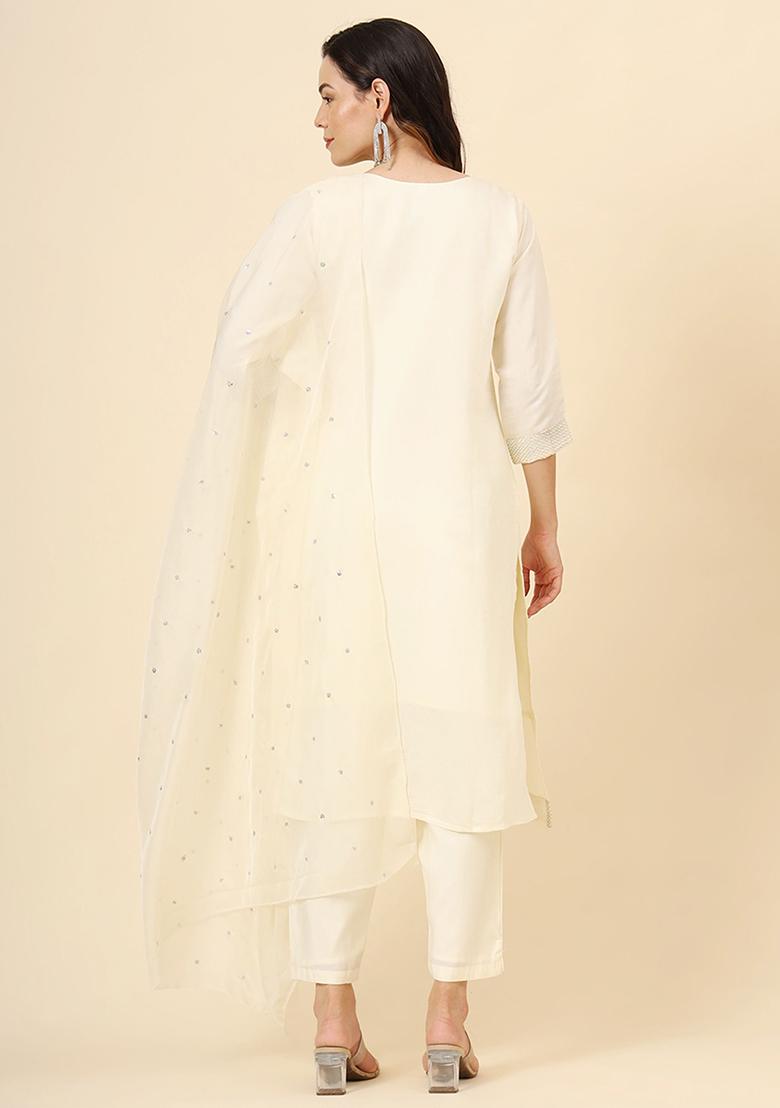 Cream Embroidered Silk Kurta Set