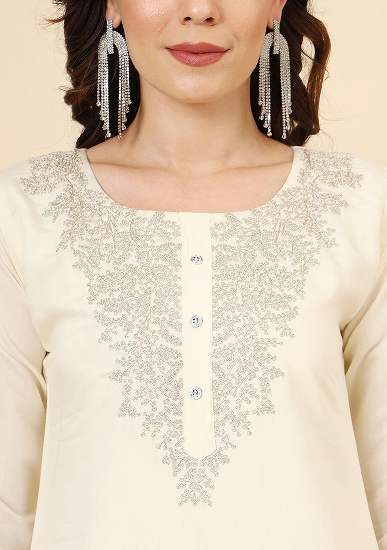 Cream Embroidered Silk Kurta Set