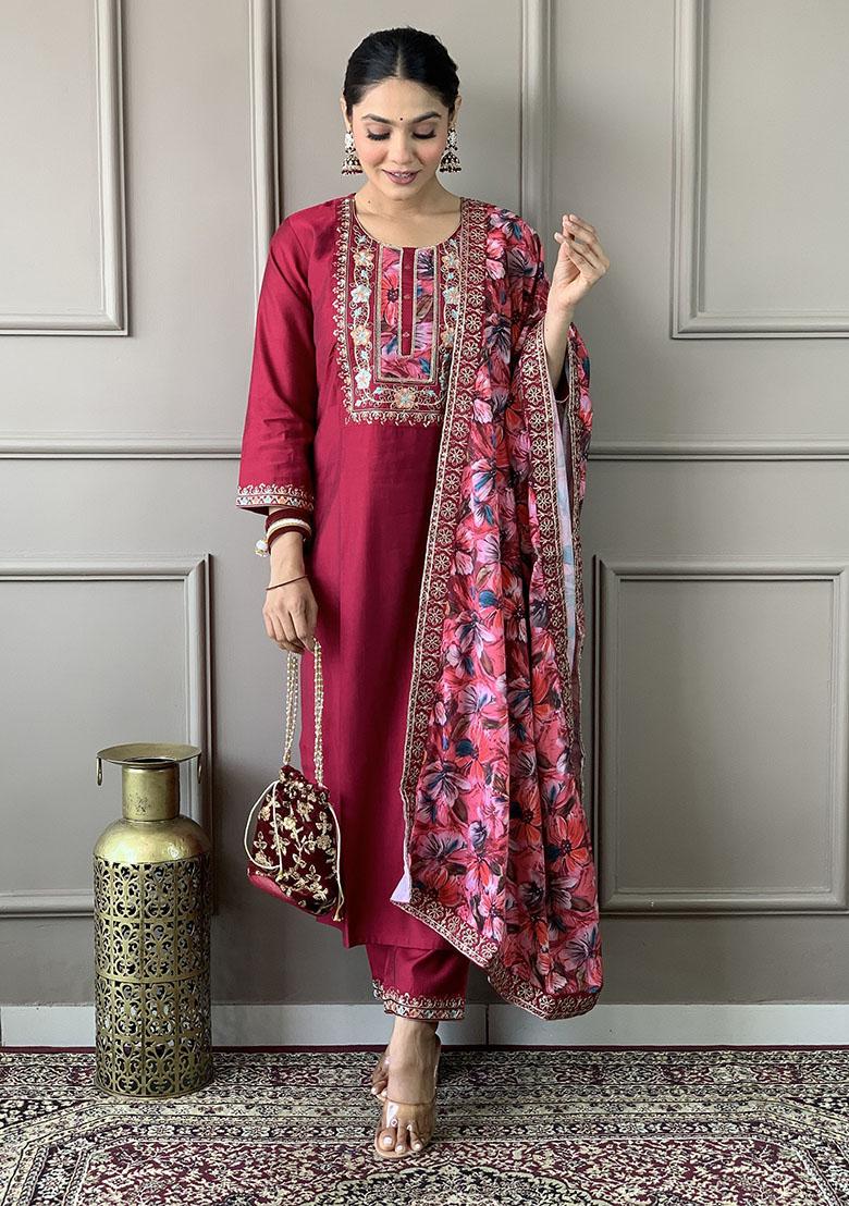 Pink Embroidered Silk Kurta Set