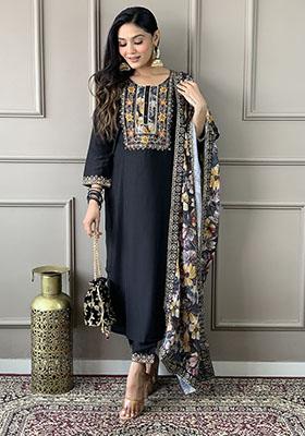 Black Embroidered Net Kurta Set