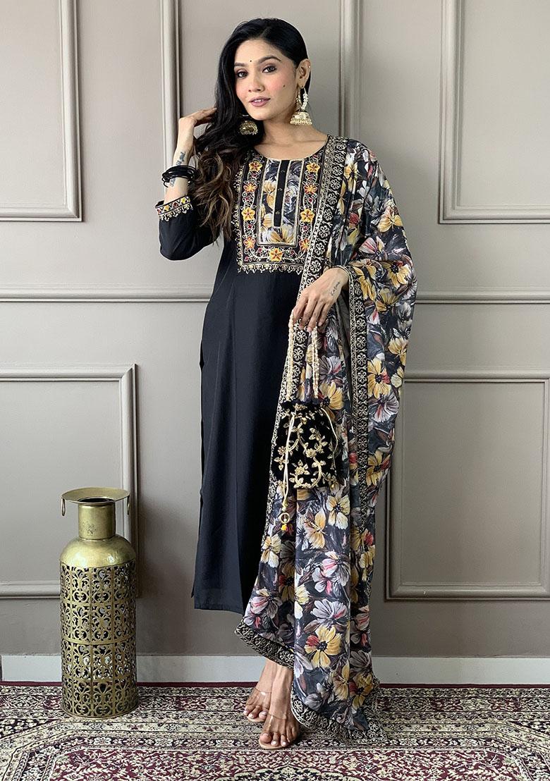 Black Embroidered Net Kurta Set