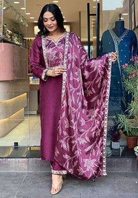 Purple Embroidered Silk Kurta Set