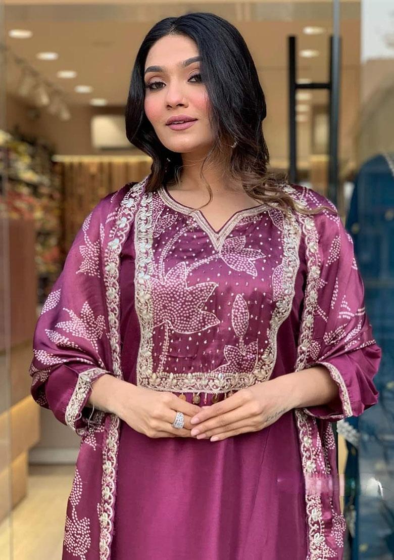 Purple Embroidered Silk Kurta Set