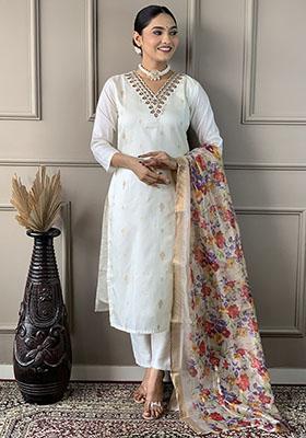 White Embroidered Poly Blend Kurta Set