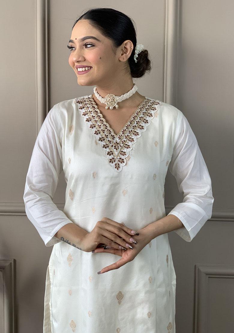 White Embroidered Poly Blend Kurta Set