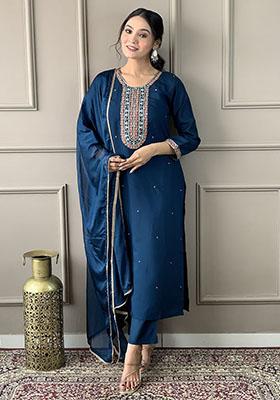 Blue Embroidered Silk Kurta Set