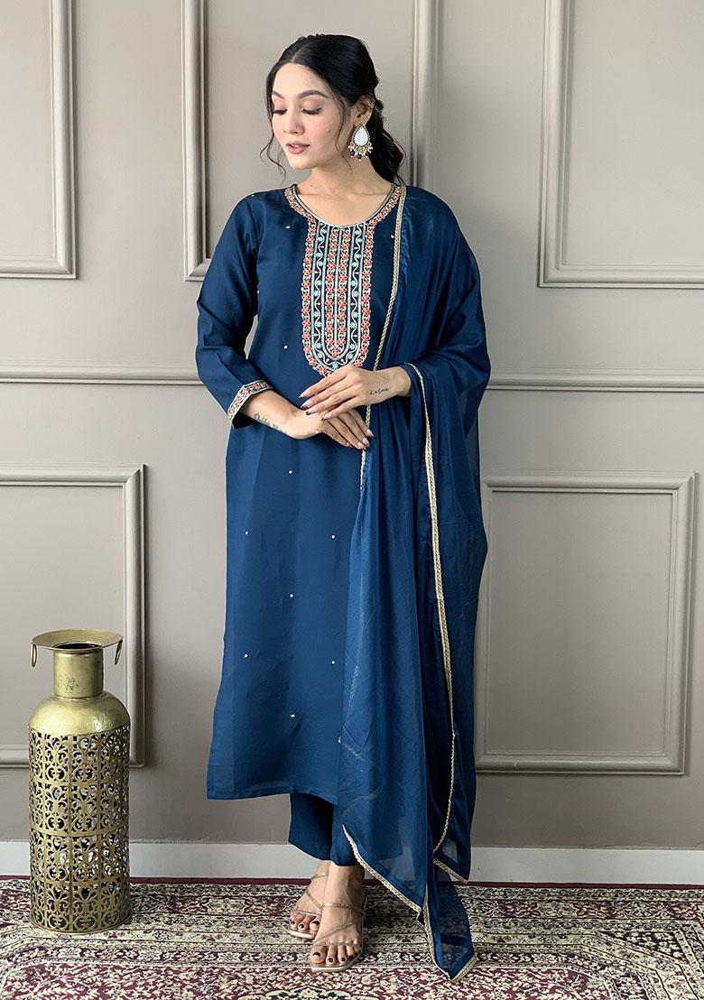 Blue Embroidered Silk Kurta Set
