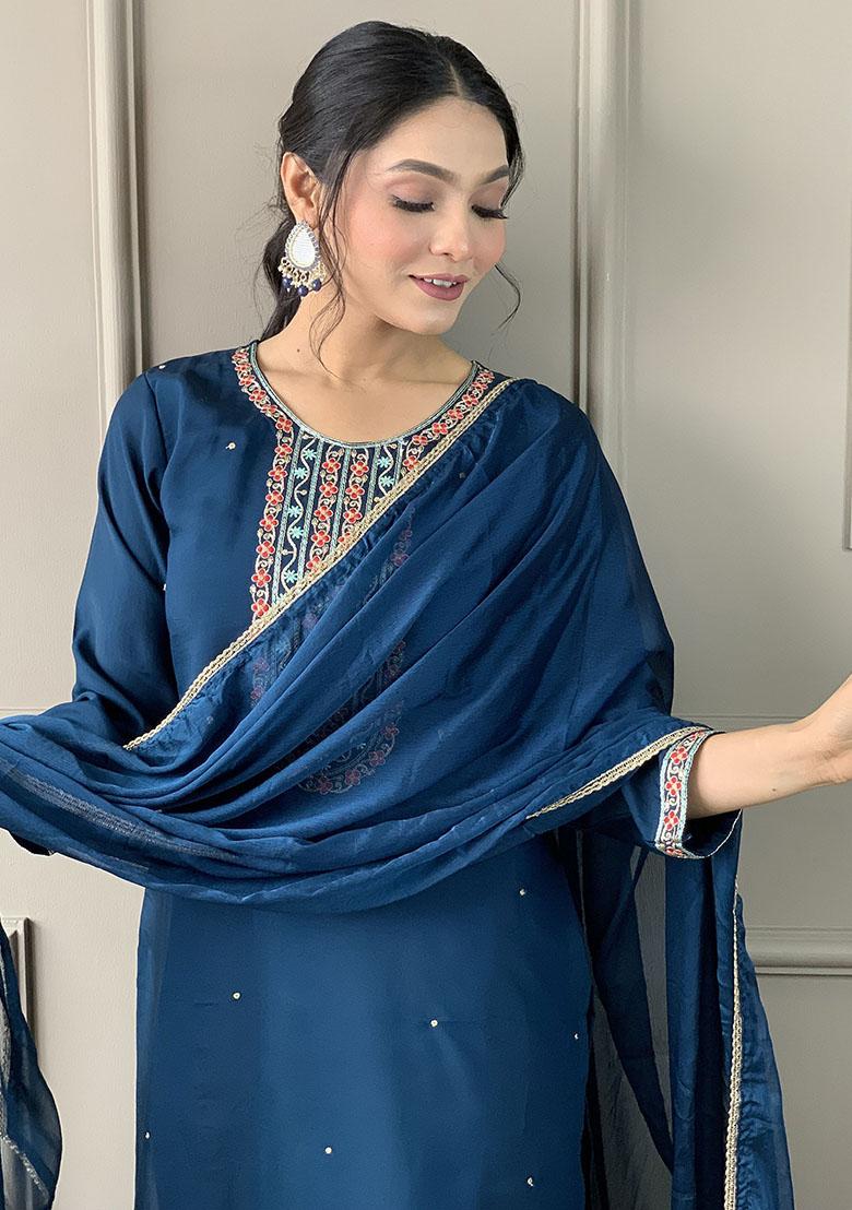 Blue Embroidered Silk Kurta Set