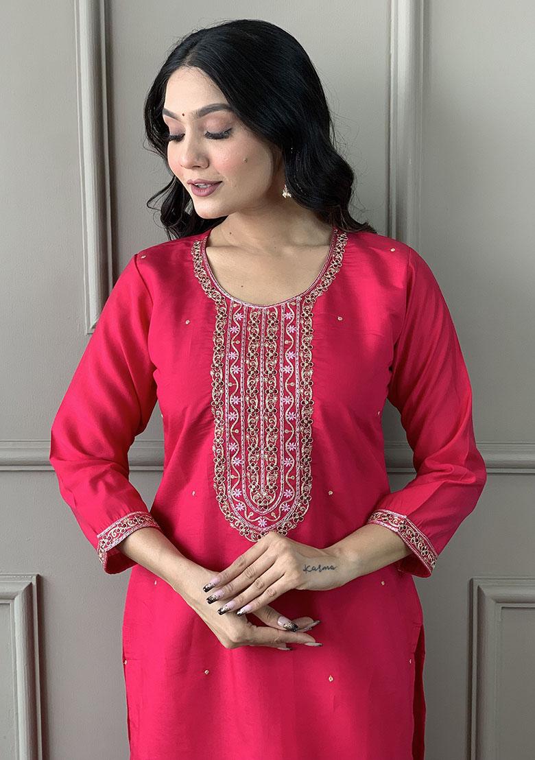 Pink Embroidered Silk Kurta Set