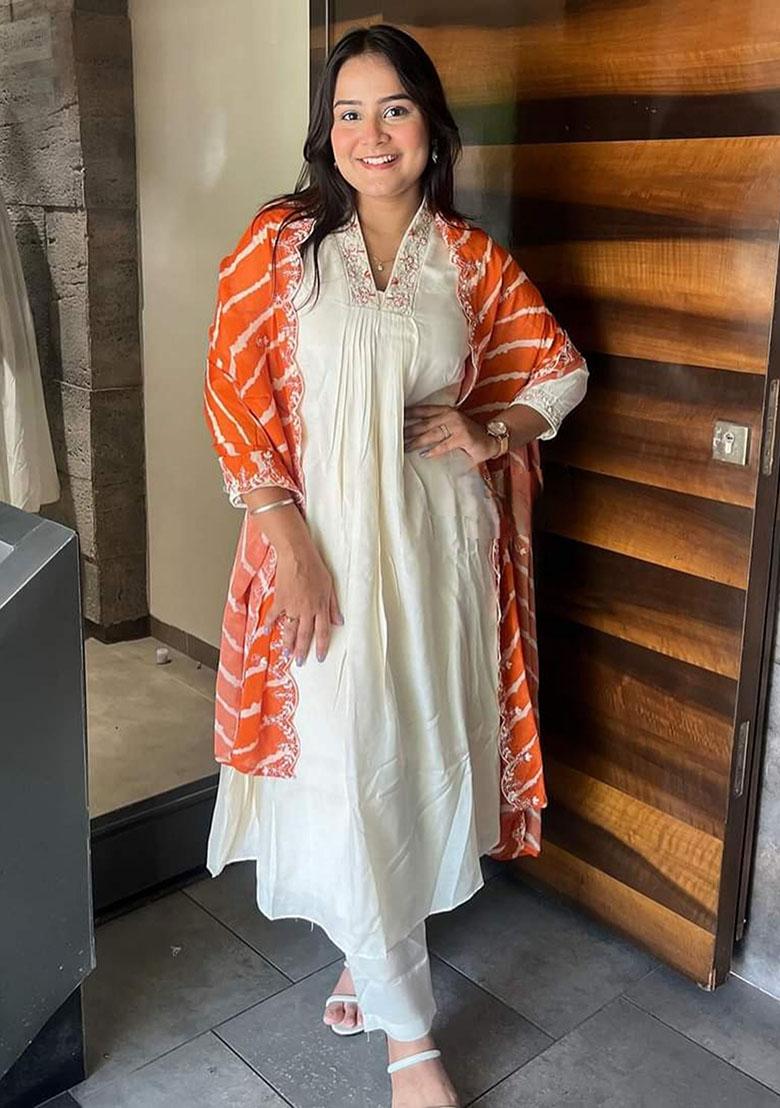 Cream Embroidered Poly Blend Kurta Set