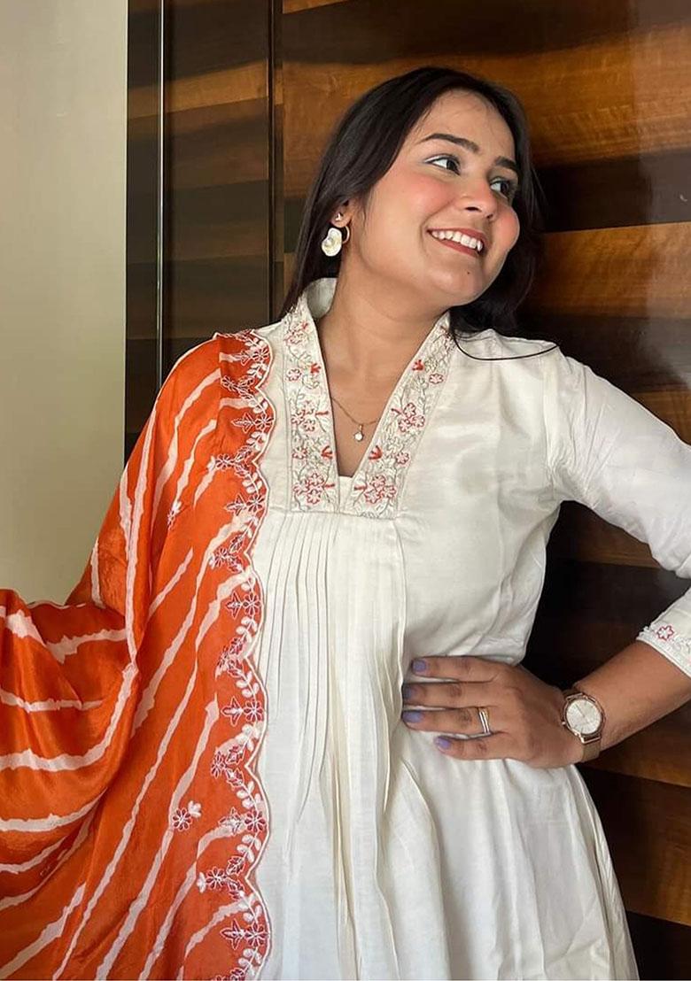 Cream Embroidered Poly Blend Kurta Set