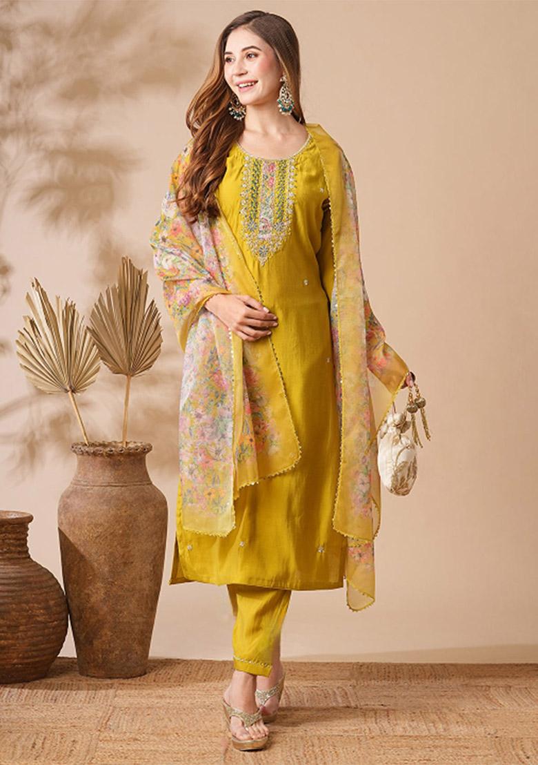 Yellow Embroidered Poly Blend Kurta Set