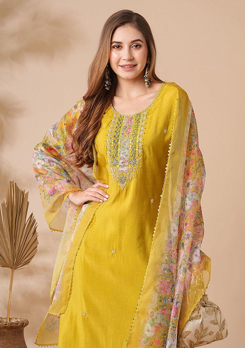 Yellow Embroidered Poly Blend Kurta Set