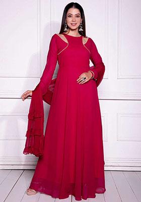 Pink Embroidered Georgette Anarkali Set