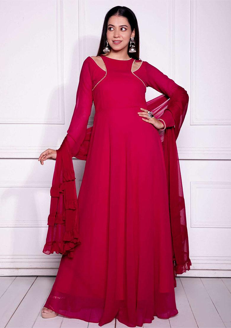 Pink Embroidered Georgette Anarkali Set