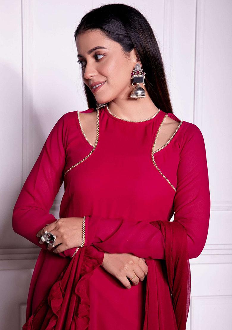 Pink Embroidered Georgette Anarkali Set