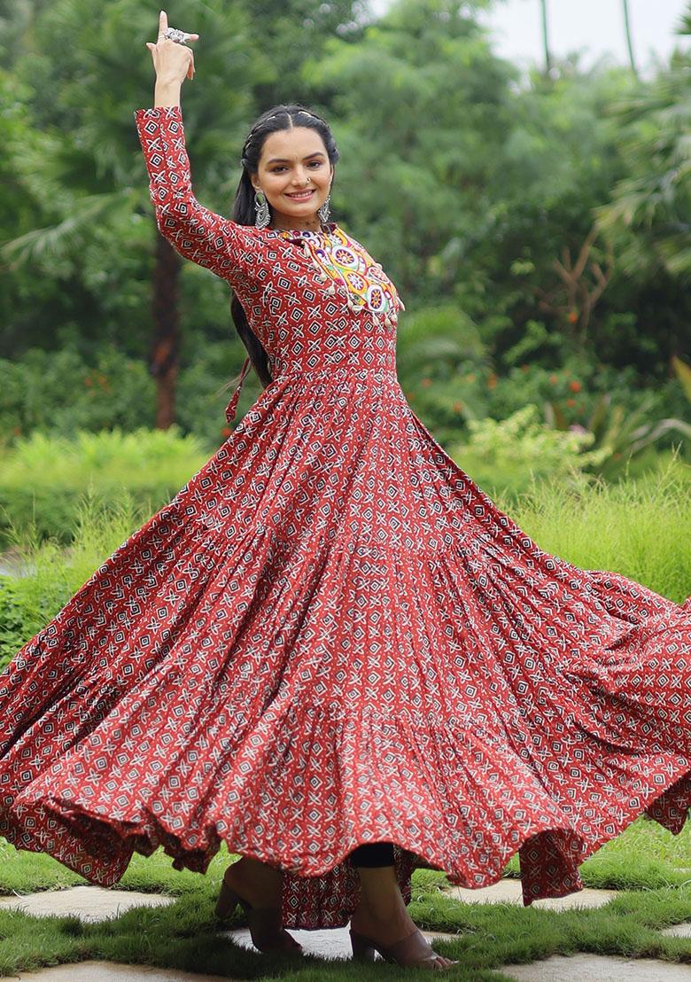 Maroon Printed Cotton Anarkali Set