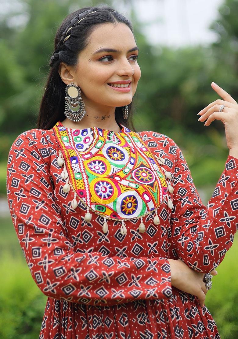 Maroon Printed Cotton Anarkali Set