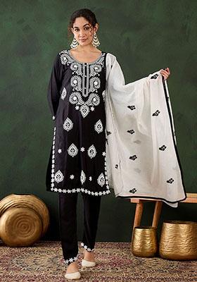 Black Embroidered Rayon Kurta Set