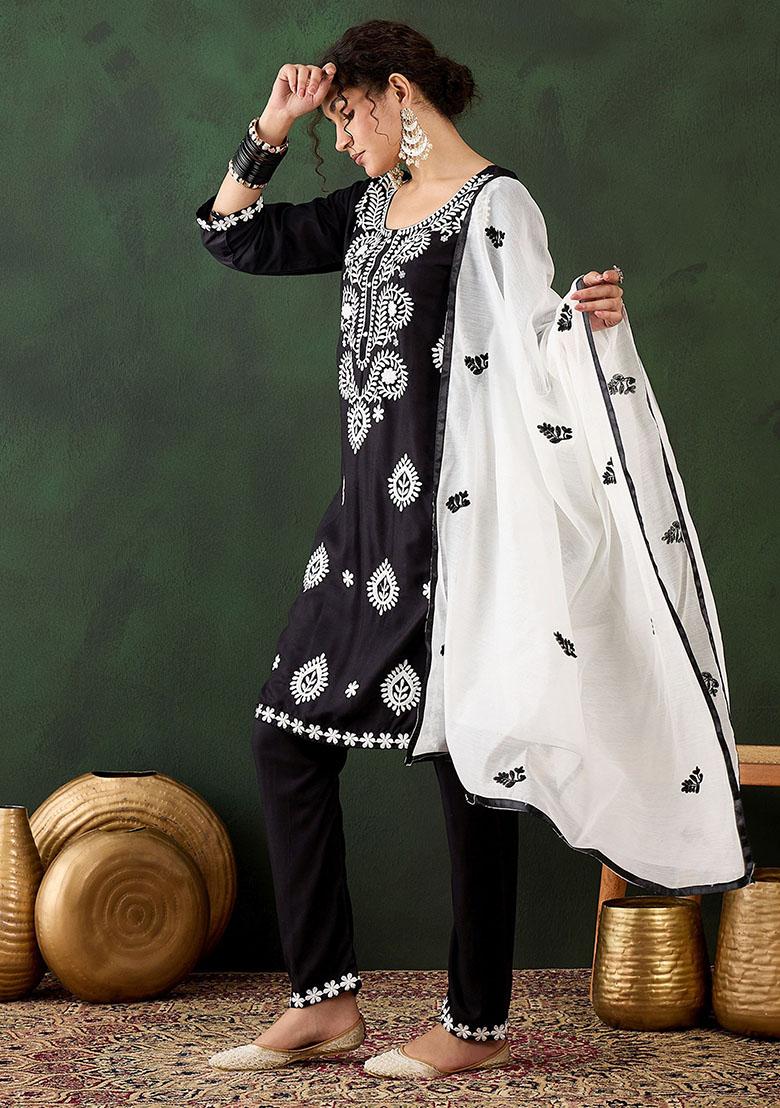 Black Embroidered Rayon Kurta Set
