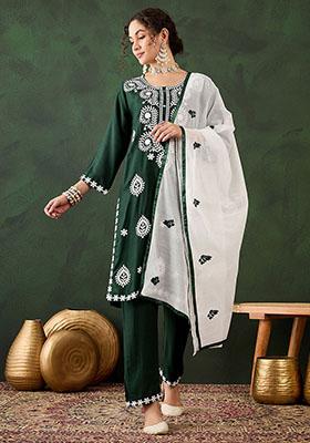 Green Embroidered Rayon Kurta Set