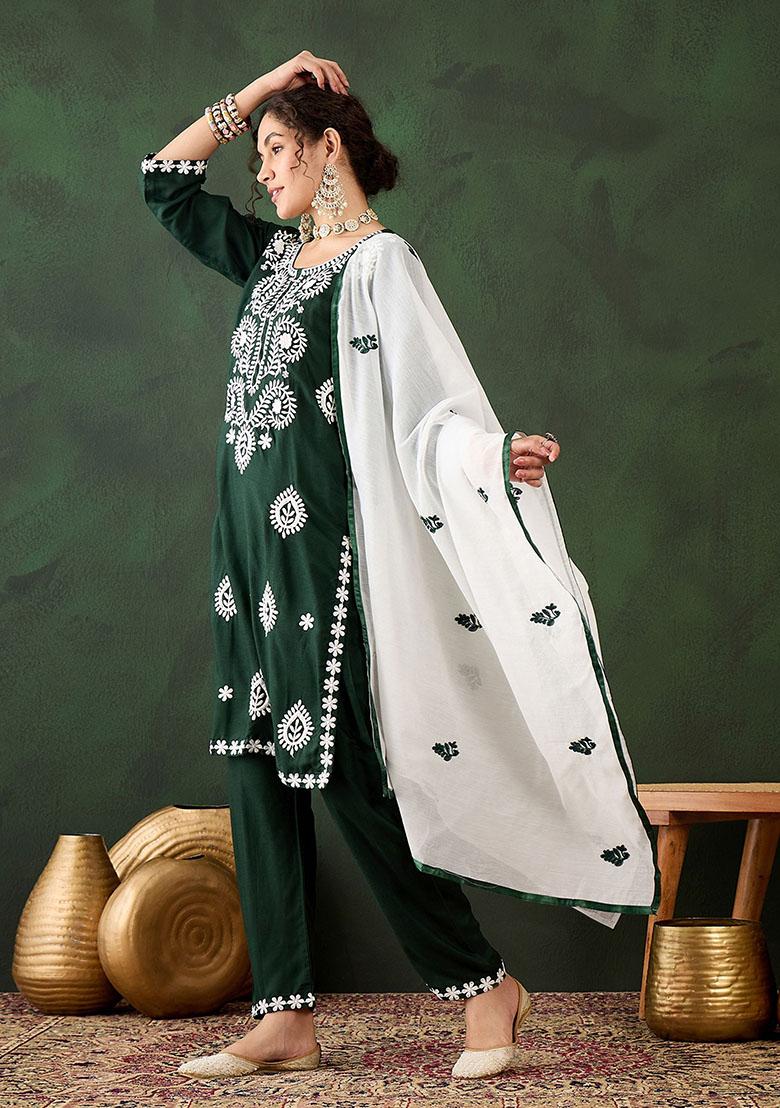 Green Embroidered Rayon Kurta Set