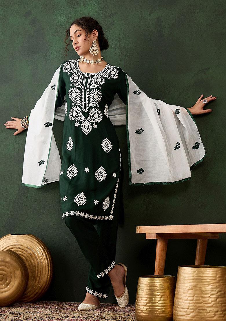 Green Embroidered Rayon Kurta Set