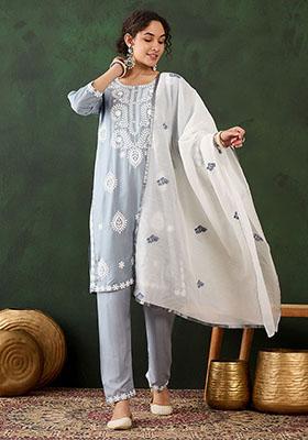 Blue Embroidered Rayon Kurta Set