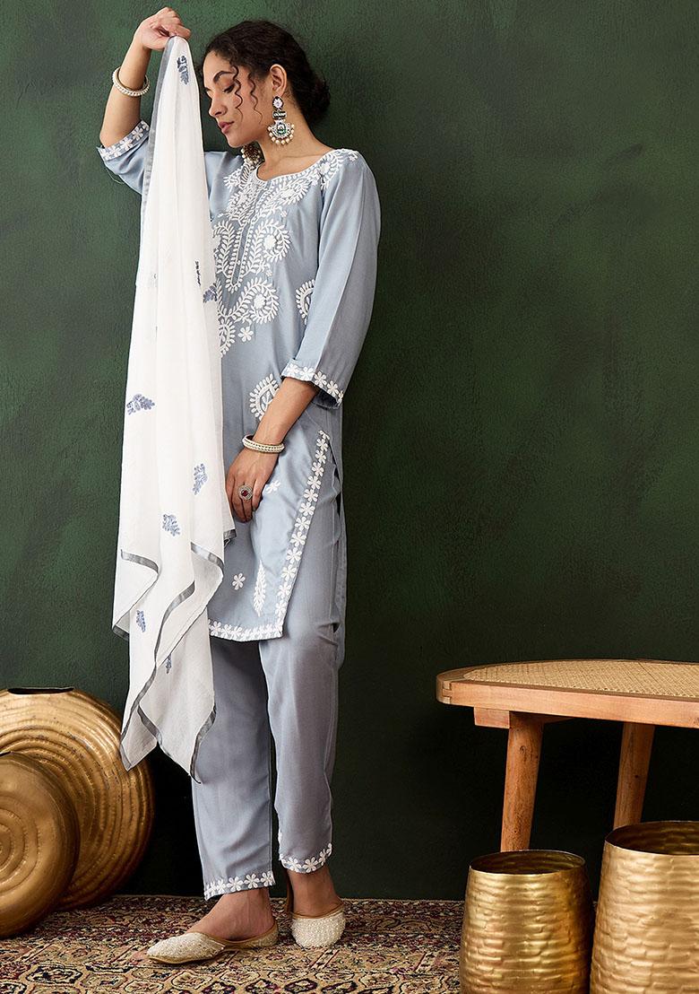Blue Embroidered Rayon Kurta Set