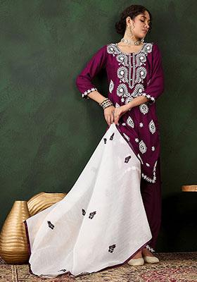 Purple Embroidered Rayon Kurta Set
