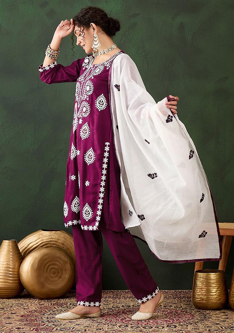 Purple Embroidered Rayon Kurta Set